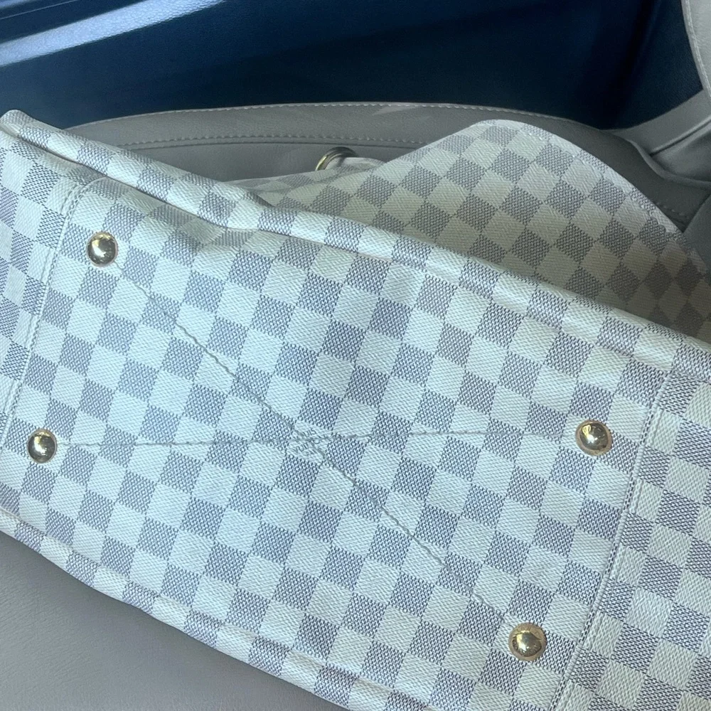 Louis Vuitton Cream Checkered Shoulder Tote with Tan Leather Handle
